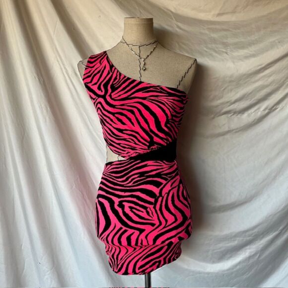 Vintage XXI Hot Pink Zebra Print Cut out mini club dress - Picture 2 of 7